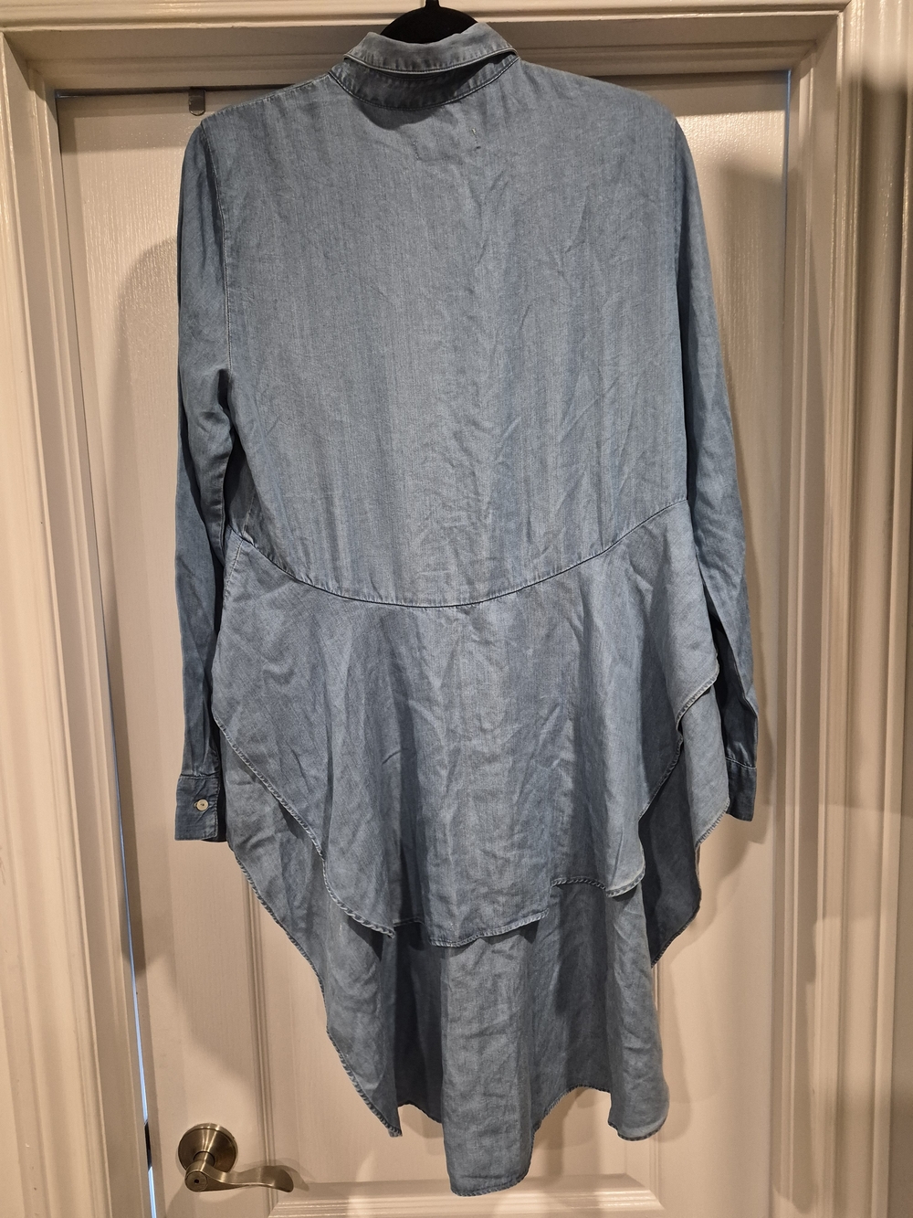 Zara Light Blue Denim Ruffle High-Low Button-Down Shirt - Picture 2 of 3